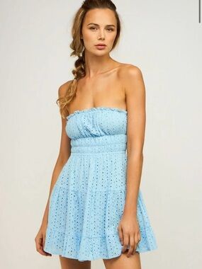 Strapless Eyelet Mini Dress in Light Blue